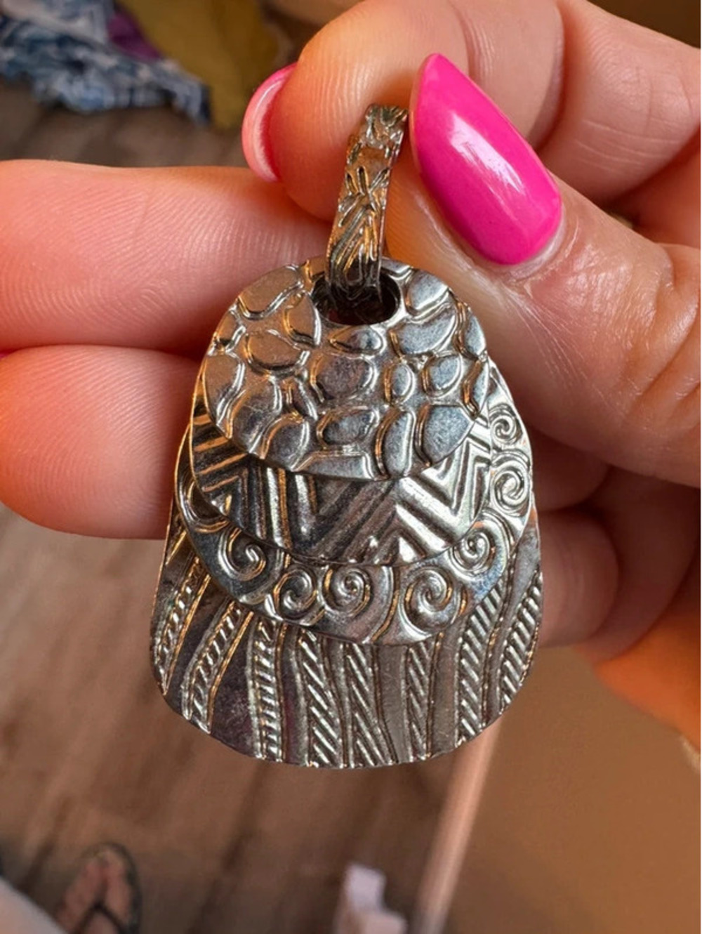Handcrafted Silver Tone Multi-Textured Pendant Charm